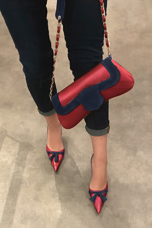 Scarlet red and navy blue women's open arch dress pumps. Pointed toe. High slim heel. Worn view - Florence KOOIJMAN